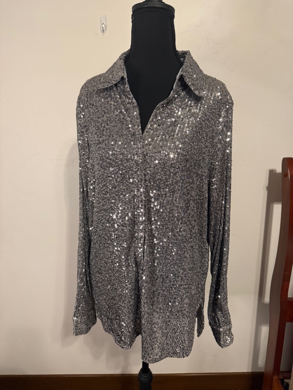 Philosophy Silver Sequin Collared Knit Top